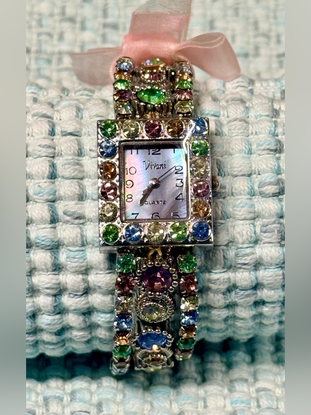 Vivani~Silver Tone~Rhinestone Gem Stretch Band Bracelet Watch~New~Never Worn